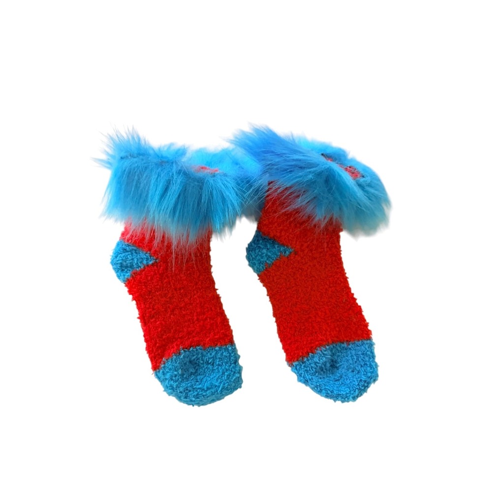 Unbranded Fuzzy Socks Kids Small Red Blue Excellent Faux Fur Trim Dr Seuss Style